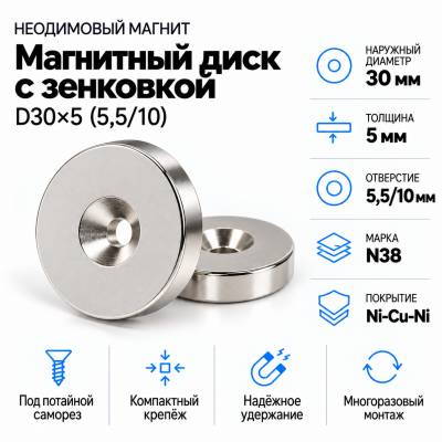 Магнитный диск с зенковкой D30*d(5,5/10)*h5 в Екатеринбурге