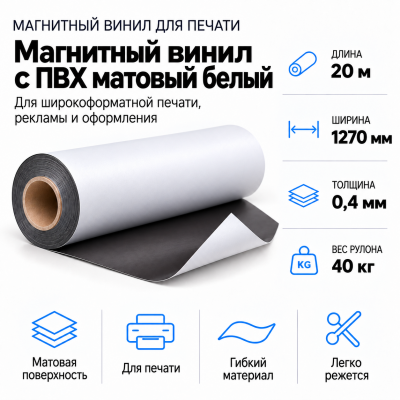 Магнитный винил с ПВХ матовый белый, 20м*1270*0,4мм, PVC-BR,AIC  в Екатеринбурге