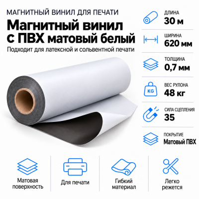 Магнитный винил с ПВХ глянц.бел.,30м*620*0,7мм, PVC-BR, AIC  в Екатеринбурге